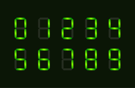 Set of green digital number signs made up from seven segments on dark backgroundのイラスト素材