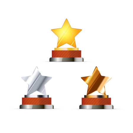 Set of awards for winners with golden, silver and bronze stars isolated on whiteのイラスト素材