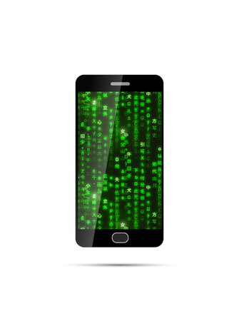 Realistic black smartphone with green matrix symbols on screen, isolated on whiteのイラスト素材