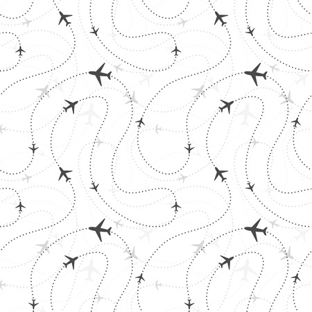 Airline routes with planes icons on white, seamless patternのイラスト素材