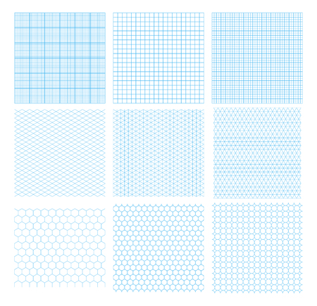 Set of nine cyan geometric grids, seamless patterns isolated on white. Millimetric, isometric, hexagonal and circles.のイラスト素材
