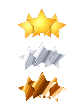 Golden, silver and bronze three glossy rating stars isolated on whiteのイラスト素材