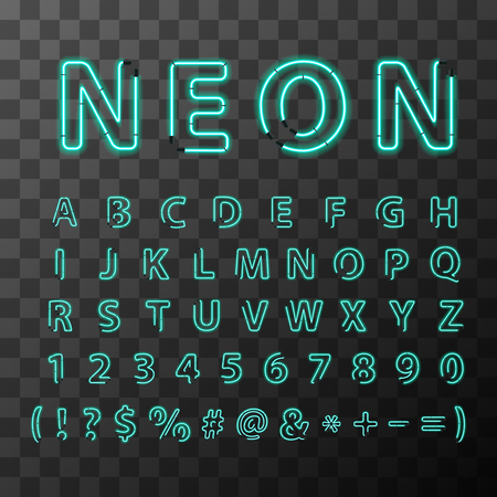 Bright realistic neon letters, full latin alphabet on transparent backgroundのイラスト素材