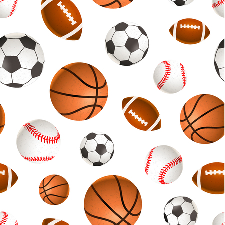 A lot of sport balls for soccer, basketball, baseball and rugby on white, seamless patternのイラスト素材