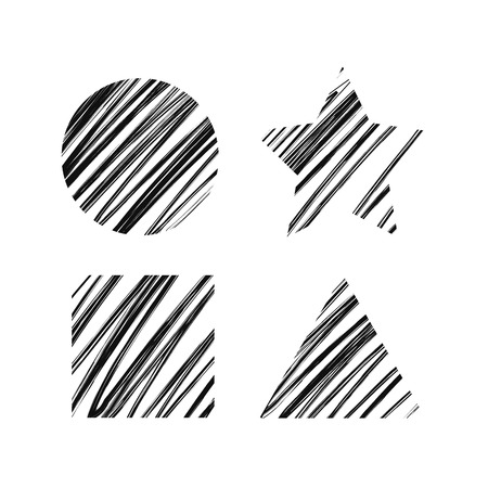 Simple geometric shapes with black messy hatching isolated on whiteのイラスト素材