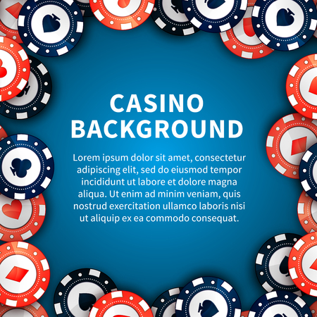 Red and blue casino chips with cards signs on casino table, background with text templateのイラスト素材