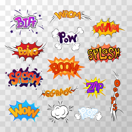 Large set of bright multi colored comic sound effects on transparent backgroundのイラスト素材