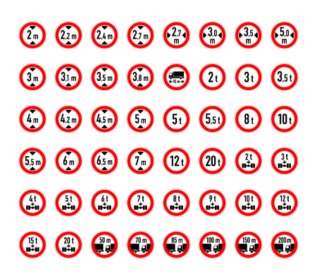 Big set of weight, wide, high and distance limits road signs isolated on whiteのイラスト素材