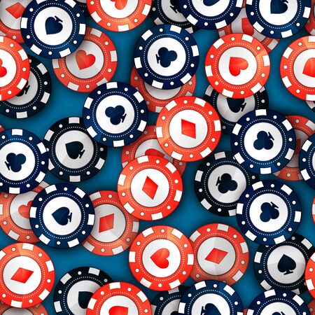 A lot of red and blue casino chips with cards signs on casino table, seamless patternのイラスト素材
