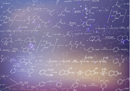 A lot of recondite chemical equations and formulas on blurred purple backgroundのイラスト素材