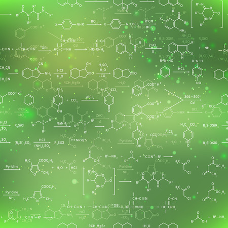 A lot of recondite chemical equations and formulas on blurred green background, seamless patternのイラスト素材