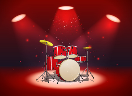 Bright red drum set in the light of spotlights on sceneのイラスト素材
