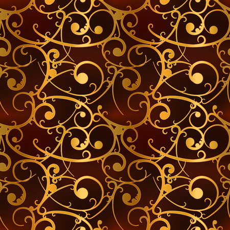 Golden baroque swirls on red, royal luxury seamless patternのイラスト素材