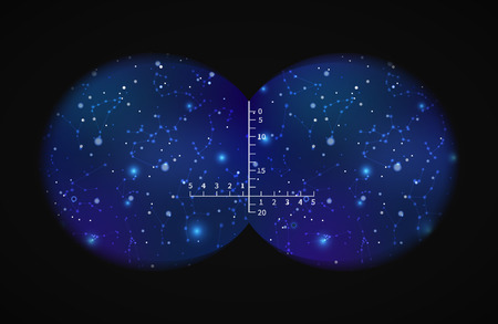 View from the binoculars with metrics on blue night sky with stars and constellationsのイラスト素材