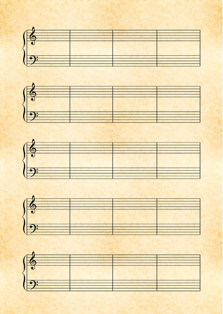 Vertical a4 size yellow sheet of old paper with music note stave with treble and bass clefのイラスト素材