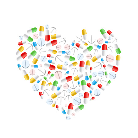A lot of different colourful pills in heart shape isolated on whiteのイラスト素材