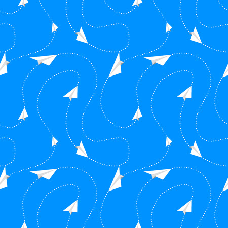 Paper airplanes fly on routes on blue background, seamless patternのイラスト素材