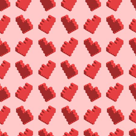 Pixelated red hearts on pink background, seamless patternのイラスト素材