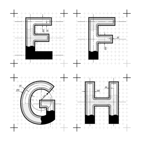 Architectural sketches of E F G H letters. Blueprint style font on white.のイラスト素材