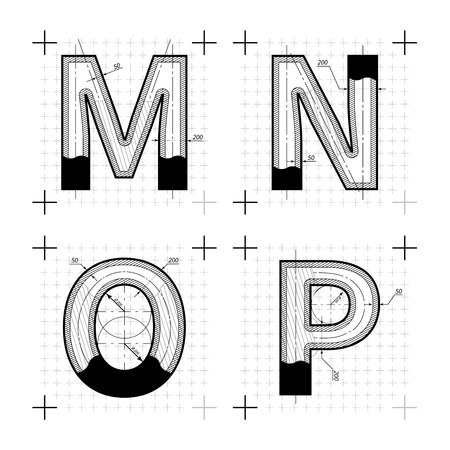 Architectural sketches of M N O P letters. Blueprint style font on white.のイラスト素材