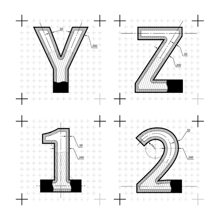 Architectural sketches of Y Z 1 2 letters. Blueprint style font on white.のイラスト素材