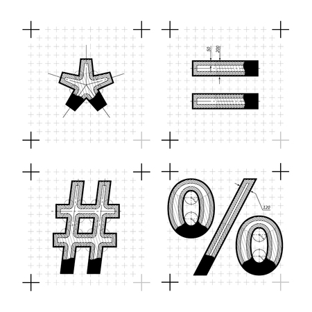 Architectural sketches of special signs. Blueprint style font on white.のイラスト素材
