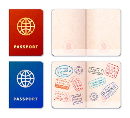 Blue and red realistic passport icons and open with stamp imprints isolated on white.のイラスト素材