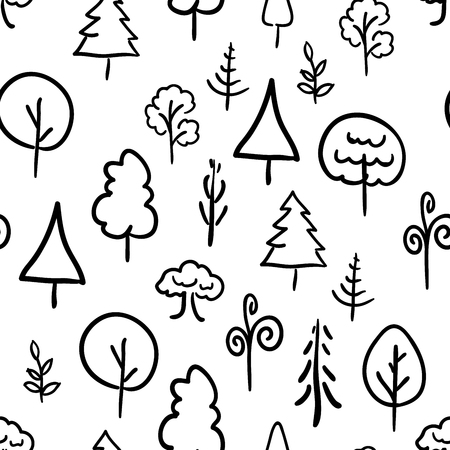 A lot of hand-drawn trees on white, retro seamless patternのイラスト素材