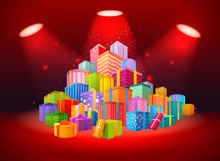 Bright scene with big mountain of presents in the light of spotlights on red background.のイラスト素材