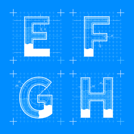 Construction sketches of E F G H letters. Blueprint style font.のイラスト素材