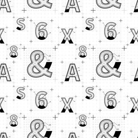 Construction sketches of letters. Blueprint style seamless pattern on white.のイラスト素材