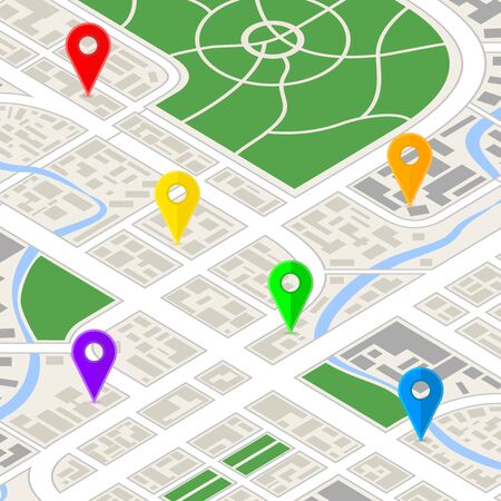 Detailed city map in isometric view with bright colourful GPS pins.のイラスト素材