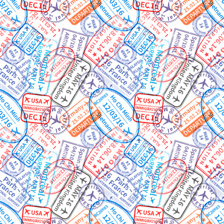 Many International travel visa rubber stamps imprints on white, seamless pattern.のイラスト素材