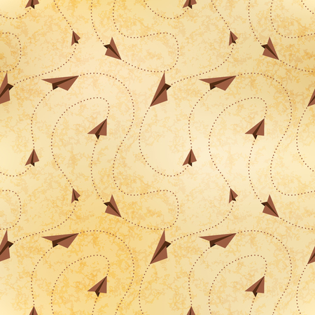 Paper airplanes fly on routes, map on old paper, seamless patternのイラスト素材