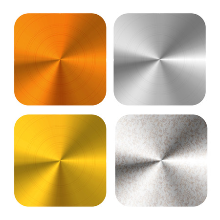 Set of bright glossy round polished bronze, gold, silver and iron metals plates on whiteのイラスト素材