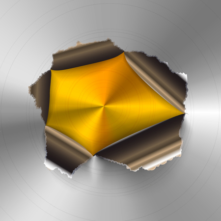 Torn hole in glossy round polished metal plate on golden backgroundのイラスト素材
