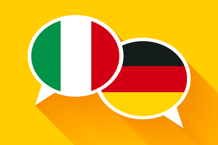 Two white speech bubbles with Italian and German flags. English language conceptual illustration.のイラスト素材