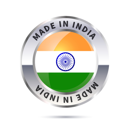 Glossy metal badge icon, made in India with flagのイラスト素材
