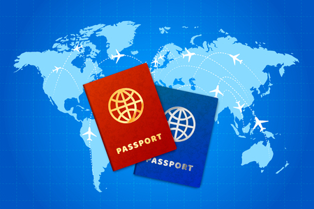 Couple passports on world map with airline routesのイラスト素材