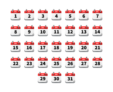 Set of bright realistic icons of calendar on july isolated on whiteのイラスト素材