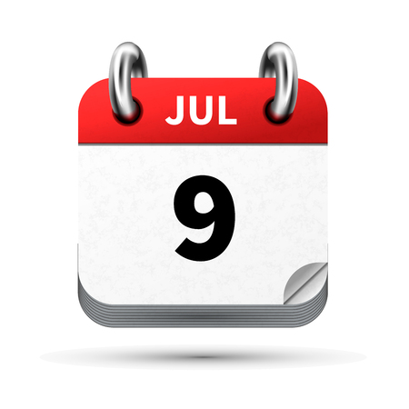 Bright realistic icon of calendar with 9 july date on whiteのイラスト素材