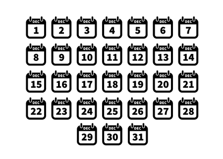 Set of simple black calendar icons on December isolated on white.のイラスト素材