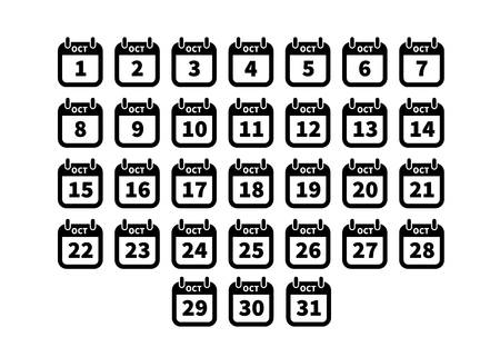 Set of simple black calendar icons on October isolated on white.のイラスト素材