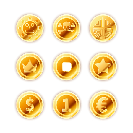 Large set of bright ancient gold coins isolated on white background.のイラスト素材