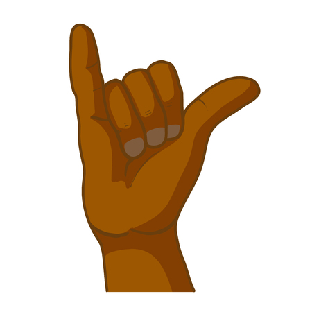 Cartoon black hand in shaka gesture isolated on whiteのイラスト素材