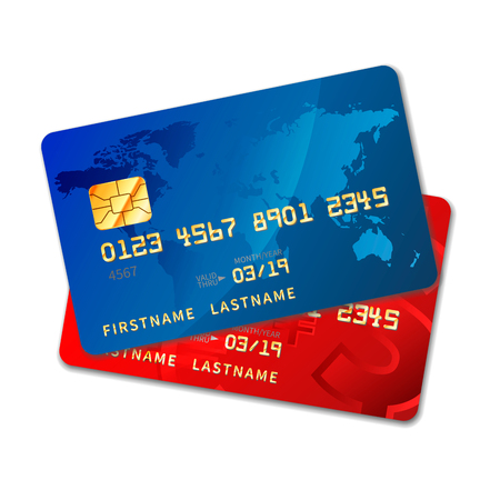 Two bright colourful credit cards with chip isolated on whiteのイラスト素材