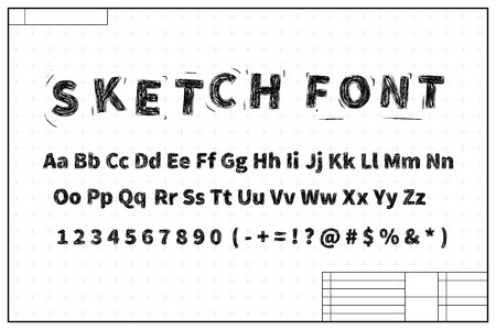 Black sketch font on blueprint layout plan with marks on whiteのイラスト素材