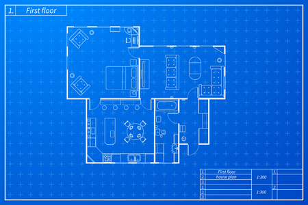 Architecture sketch of house with furniture in blueprint plan style.のイラスト素材