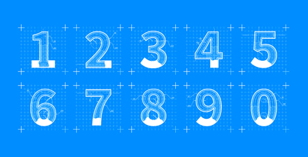 Engineering sketches of numbers. Blueprint style fontのイラスト素材