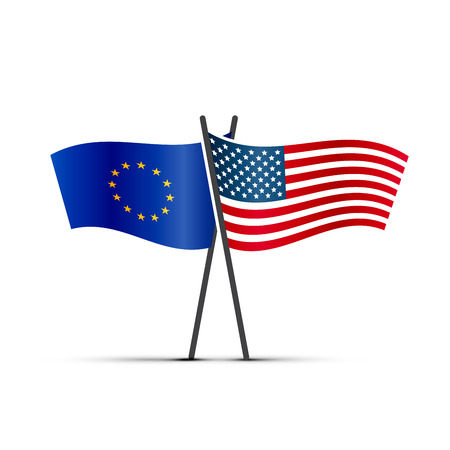 USA and European Union flags on poles isolated on whiteのイラスト素材